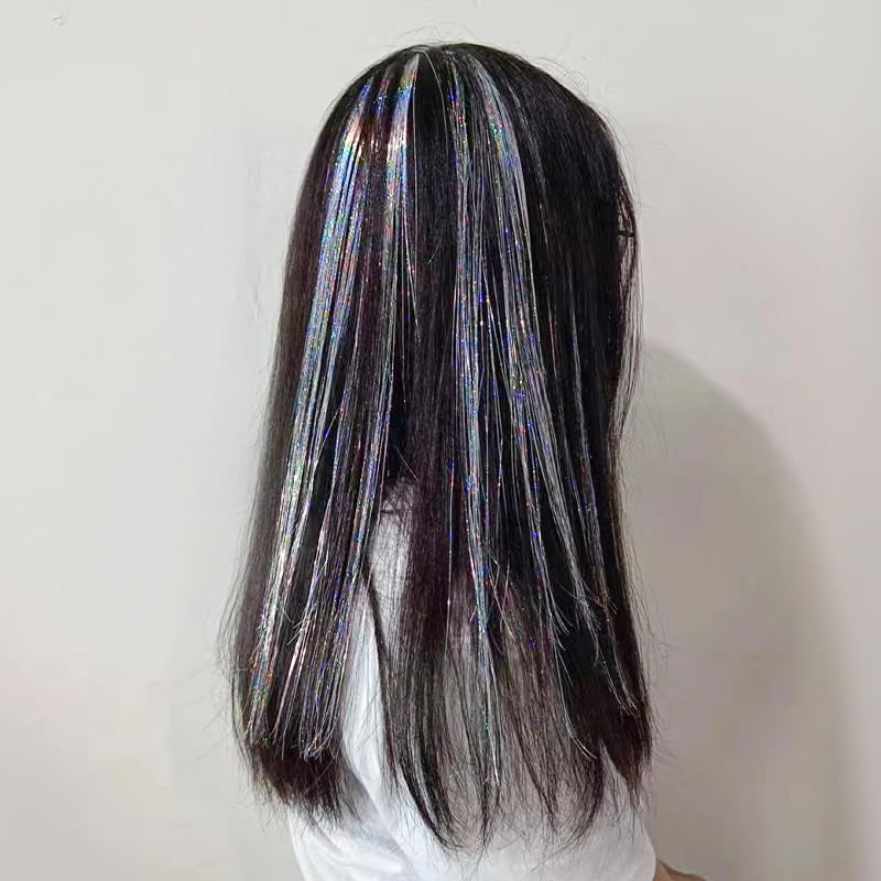 Hair Tinsel Clip in Glitter Hair Extensions Hair Sparkle Strands Clips Hair Tinsel Kit for Girls Women Silver Hair Extensions Clip in Hair Tinsel Strands Shiny Hair Accessories for Halloween Cosplay Party