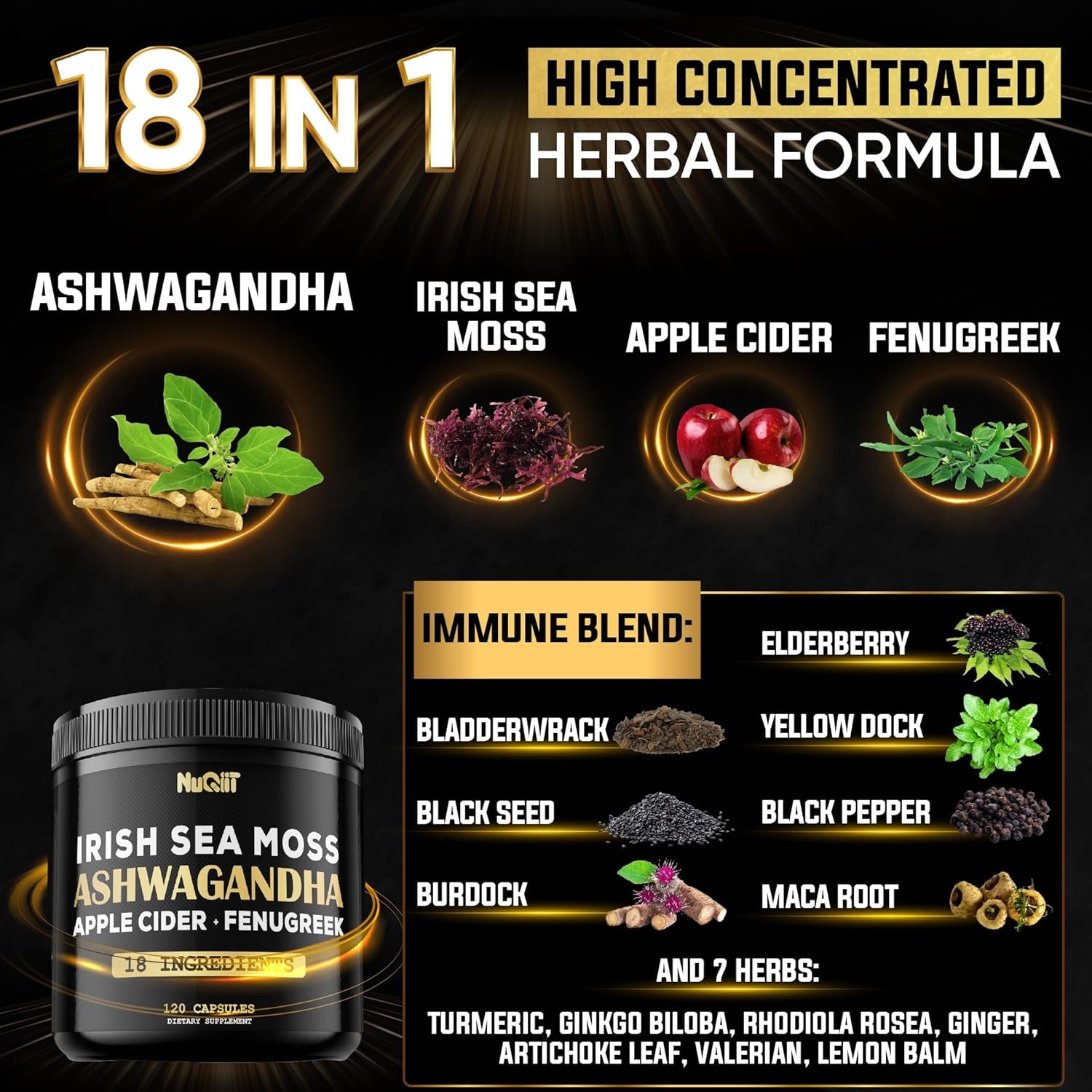Organic Ashwagandha Capsules 15000Mg Irish Sea Moss 3000Mg Apple Cider Vinegar 3000Mg & More - Support Strength, Brain Health & Immune System - 120 Vegan Capsules