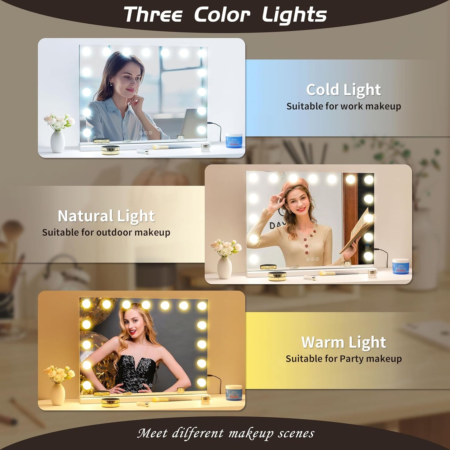 Vanity Mirror with Lights Lighted Makeup Mirror with 15 Dimmable LED Bulbs,3 Color Lighting Modes,Usb Charging Port Touch Control,Sturdy Metal Frame Design 22.8X18 Inch,White