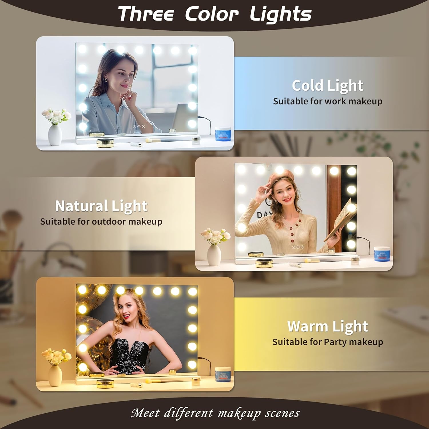 Vanity Mirror with Lights Lighted Makeup Mirror with 15 Dimmable LED Bulbs,3 Color Lighting Modes,Usb Charging Port Touch Control,Sturdy Metal Frame Design 22.8X18 Inch,White