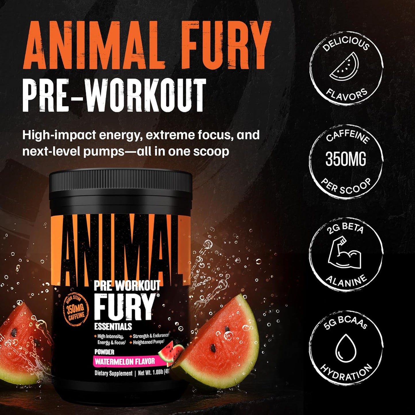 Fury Pre-Workout Energy Supplement with Amino Acids, Watermelon 30 Servings