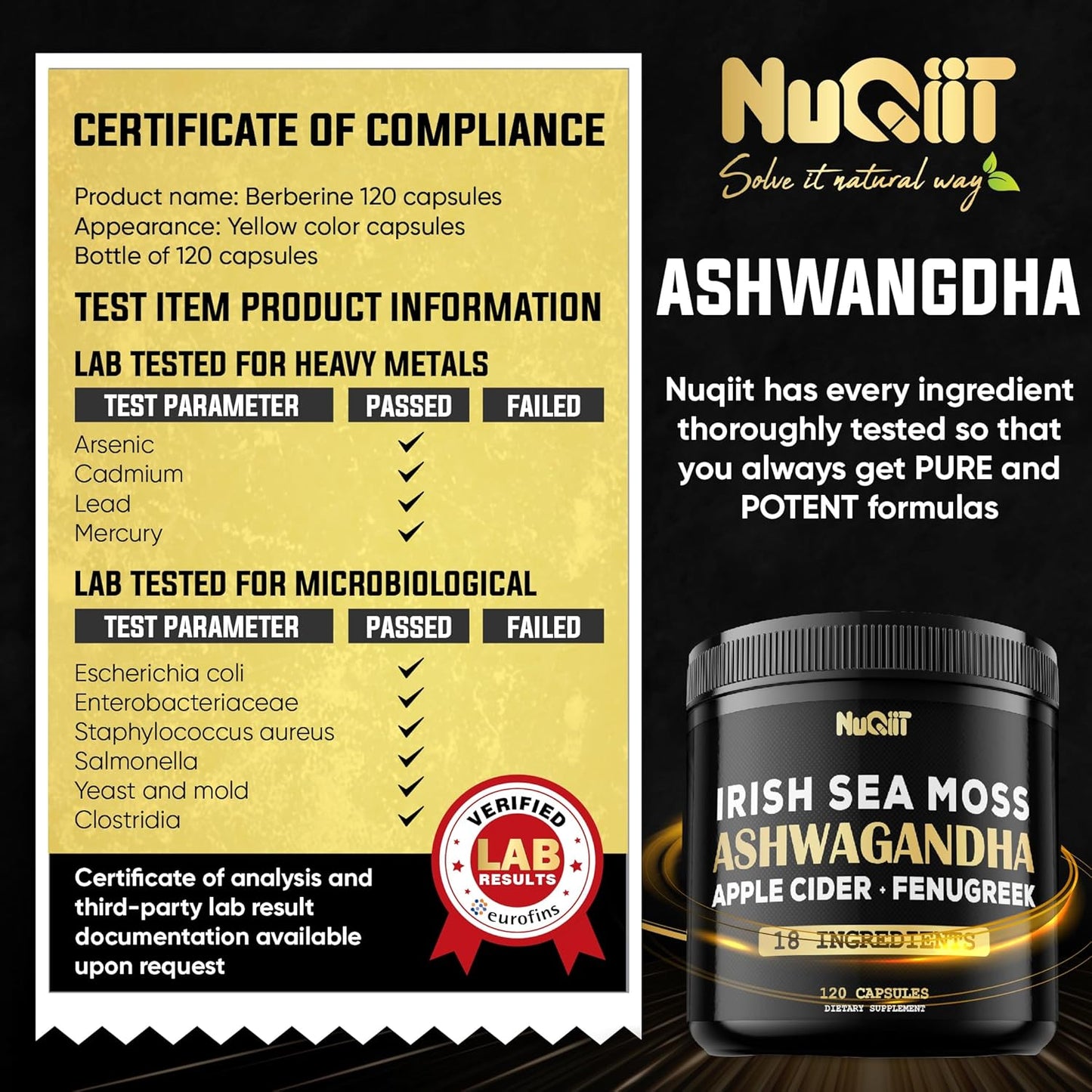 Organic Ashwagandha Capsules 15000Mg Irish Sea Moss 3000Mg Apple Cider Vinegar 3000Mg & More - Support Strength, Brain Health & Immune System - 120 Vegan Capsules