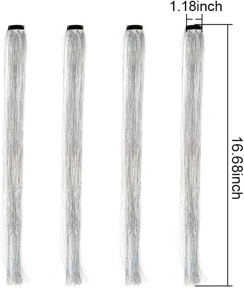 Hair Tinsel Clip in Glitter Hair Extensions Hair Sparkle Strands Clips Hair Tinsel Kit for Girls Women Silver Hair Extensions Clip in Hair Tinsel Strands Shiny Hair Accessories for Halloween Cosplay Party