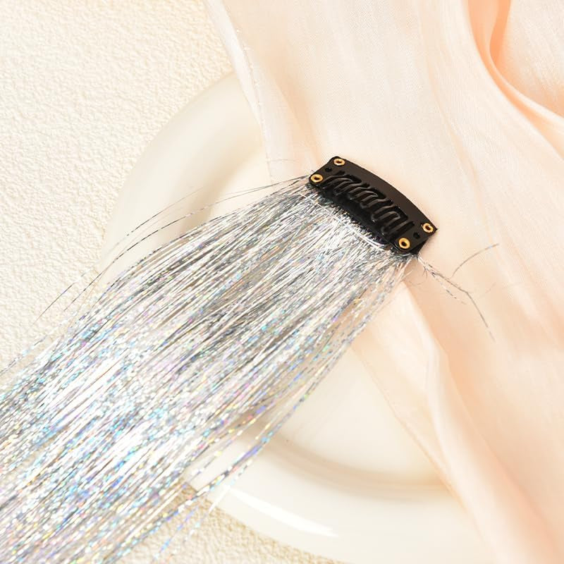 Hair Tinsel Clip in Glitter Hair Extensions Hair Sparkle Strands Clips Hair Tinsel Kit for Girls Women Silver Hair Extensions Clip in Hair Tinsel Strands Shiny Hair Accessories for Halloween Cosplay Party