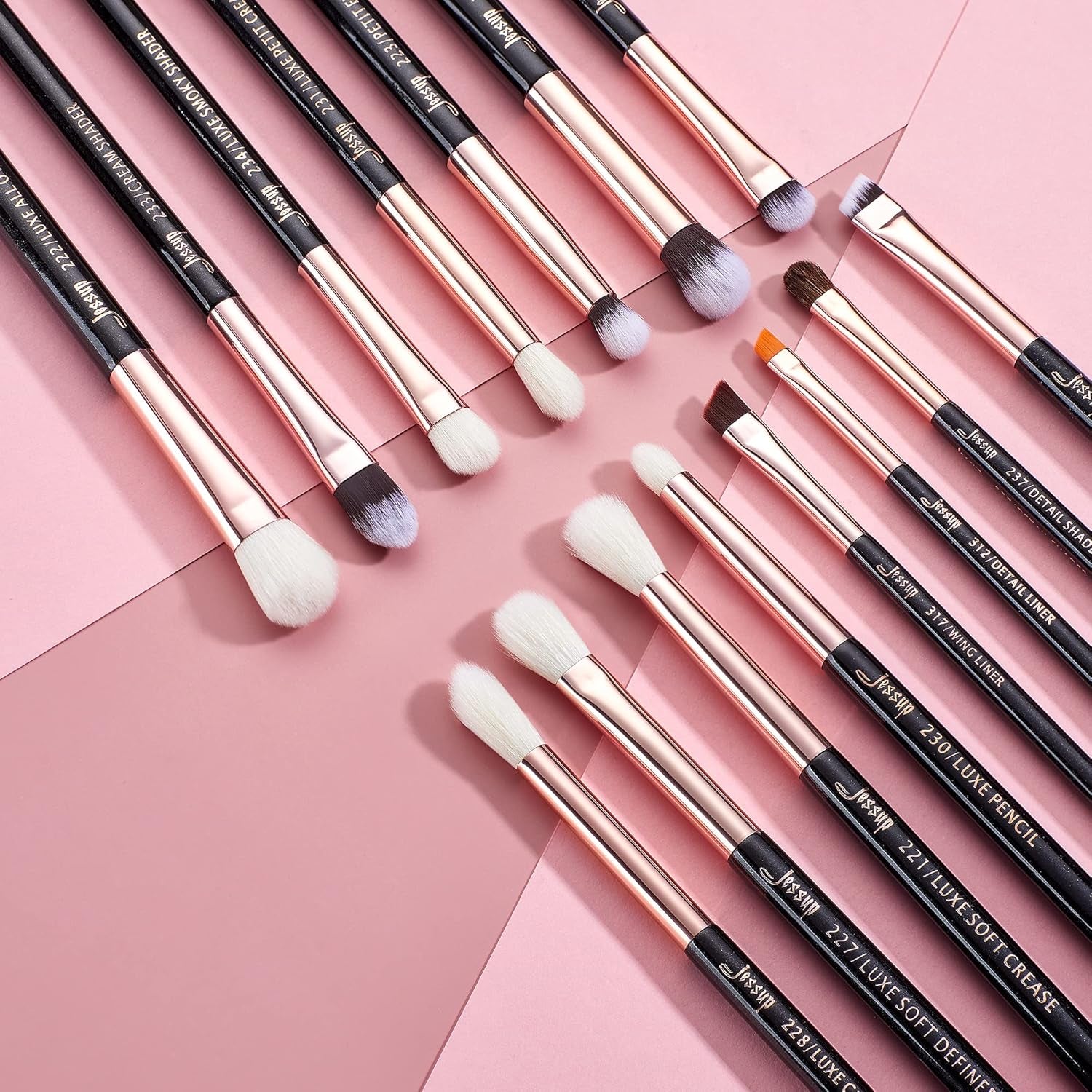 15Pcs Professional Makeup Brushes Set Make up Brush Tools Kit Cosmetics Tools Eye Liner Shader Wood Handle Natural-Synthetic Hair Brushes T157 (Pearl Black/Rose Gold)
