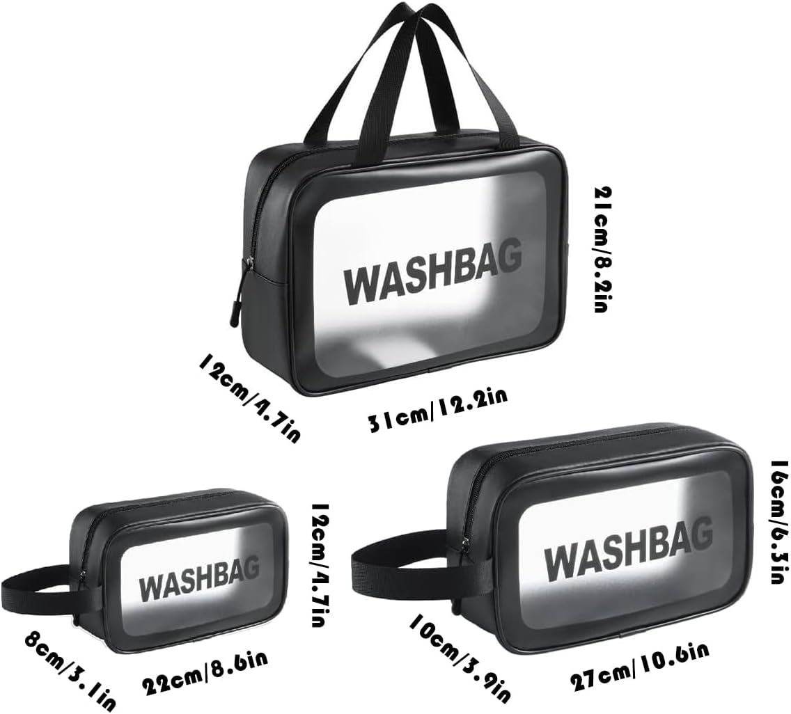 3 PCS Toiletry Bags Set - Waterproof Transparent Cosmetic Makeup Organizer for Men, Women - Large, Medium, Small Clear Bags for Toiletries, Cosmetics, and Travel Essentials (Black)
