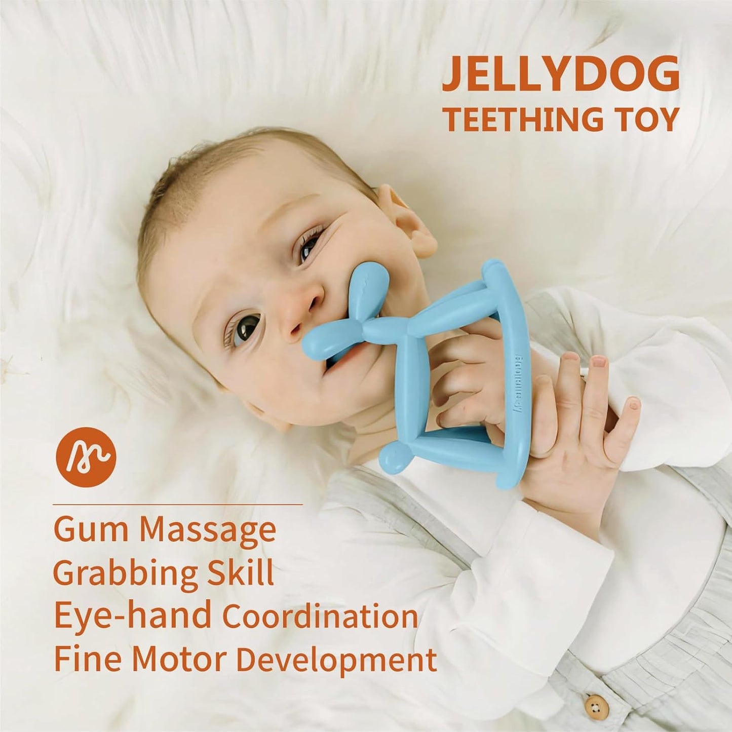 Teething Toy for Baby 3, 6, 12, 18 Months Infant, Jellydog Never Drop Food Grade Silicone Rocking Teether, Prevent Choking & Odorless, Less Dust and Hair Adhesion, Baby Gift, Cyan Blue