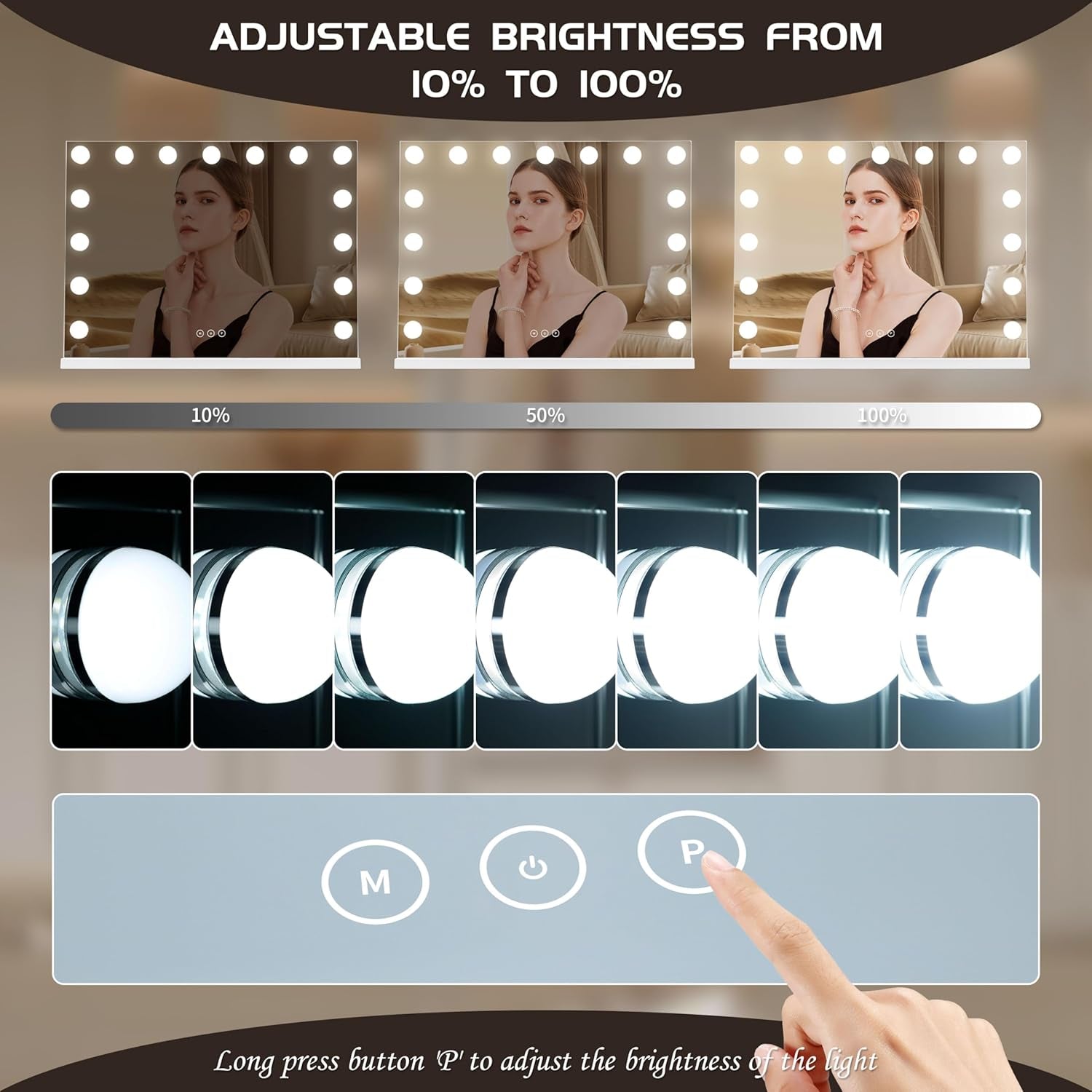 Vanity Mirror with Lights Lighted Makeup Mirror with 15 Dimmable LED Bulbs,3 Color Lighting Modes,Usb Charging Port Touch Control,Sturdy Metal Frame Design 22.8X18 Inch,White
