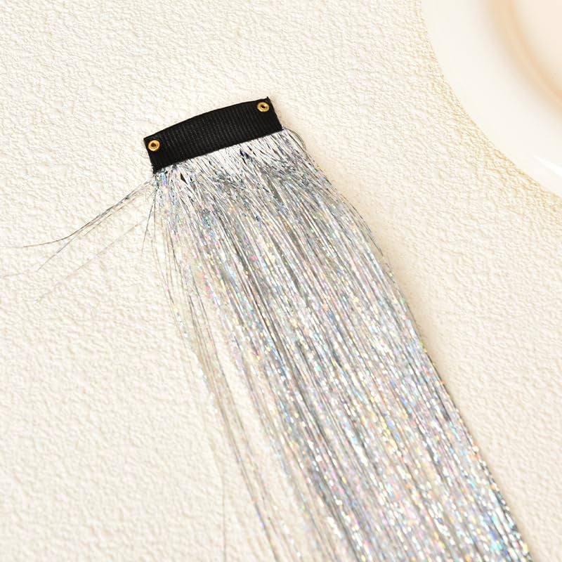 Hair Tinsel Clip in Glitter Hair Extensions Hair Sparkle Strands Clips Hair Tinsel Kit for Girls Women Silver Hair Extensions Clip in Hair Tinsel Strands Shiny Hair Accessories for Halloween Cosplay Party