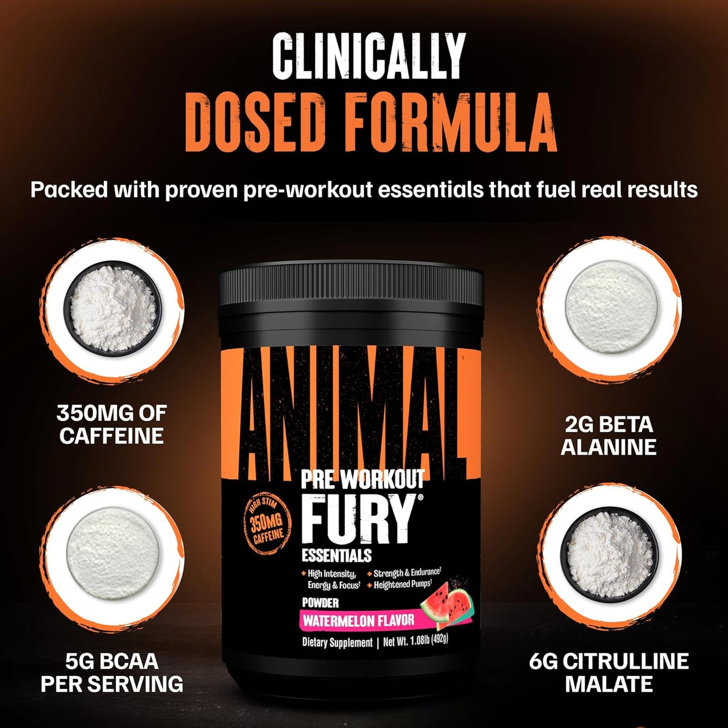 Fury Pre-Workout Energy Supplement with Amino Acids, Watermelon 30 Servings