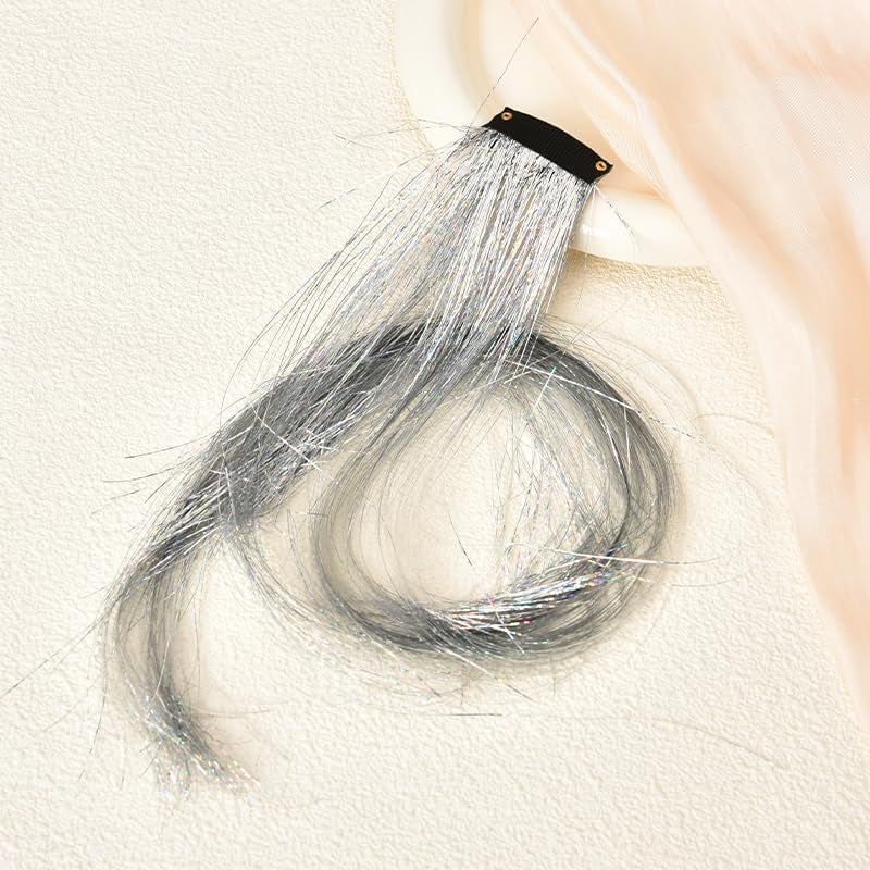 Hair Tinsel Clip in Glitter Hair Extensions Hair Sparkle Strands Clips Hair Tinsel Kit for Girls Women Silver Hair Extensions Clip in Hair Tinsel Strands Shiny Hair Accessories for Halloween Cosplay Party