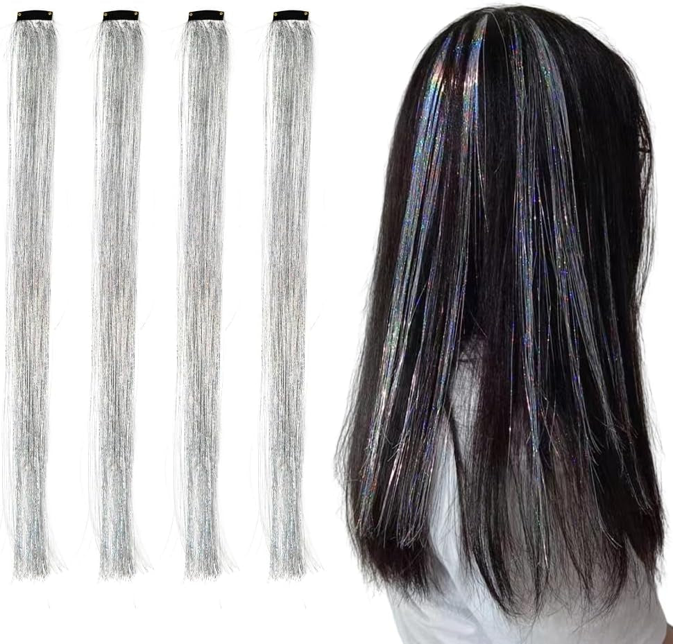Hair Tinsel Clip in Glitter Hair Extensions Hair Sparkle Strands Clips Hair Tinsel Kit for Girls Women Silver Hair Extensions Clip in Hair Tinsel Strands Shiny Hair Accessories for Halloween Cosplay Party