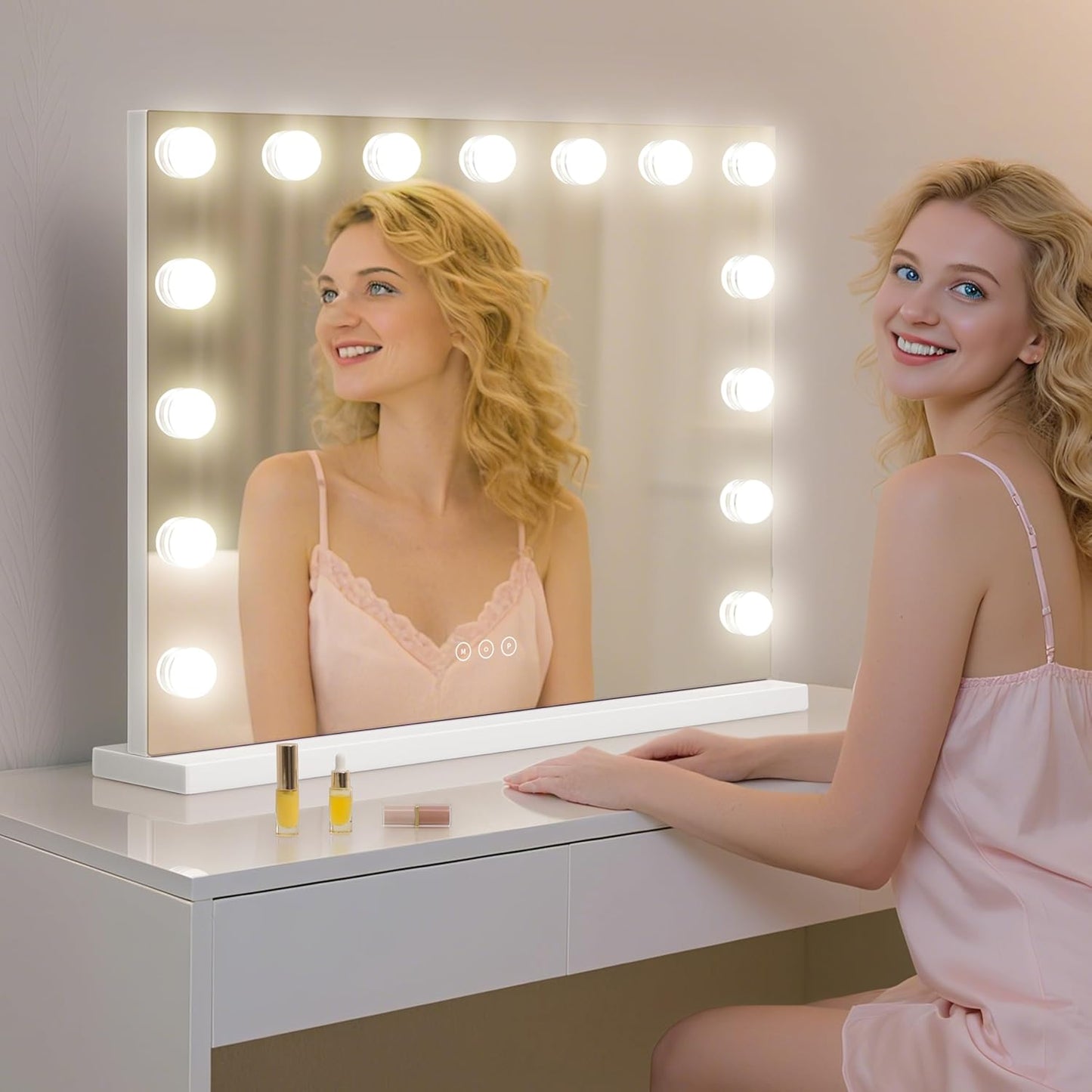 Vanity Mirror with Lights Lighted Makeup Mirror with 15 Dimmable LED Bulbs,3 Color Lighting Modes,Usb Charging Port Touch Control,Sturdy Metal Frame Design 22.8X18 Inch,White