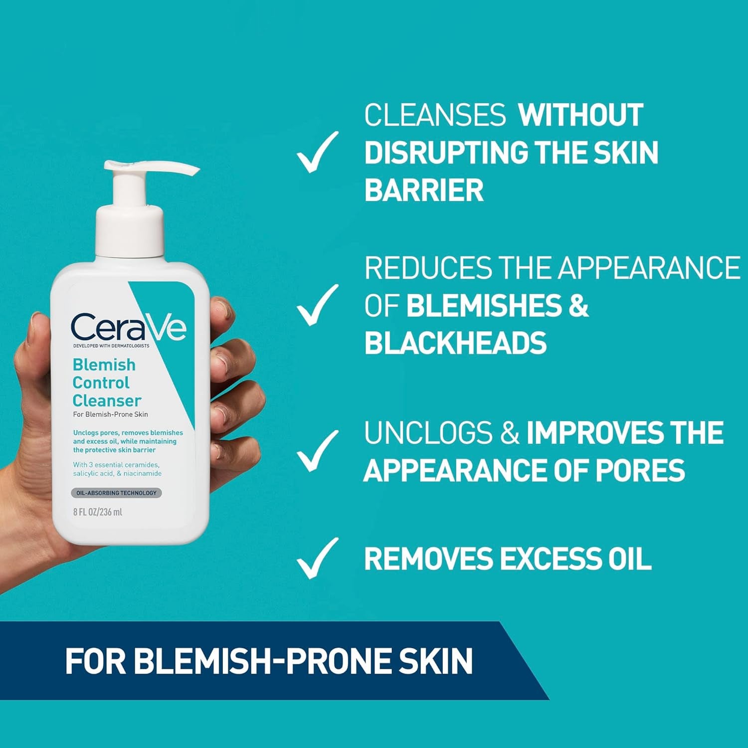 Blemish Control Cleanser Gel Face Wash for Blackheads, Blocked Pores & Acne-Prone Skin, 2% Salicylic Acid + Niacinamide + Purifying Clay + Ceramides, Lightweight + Oil-Absorbing, 236Ml