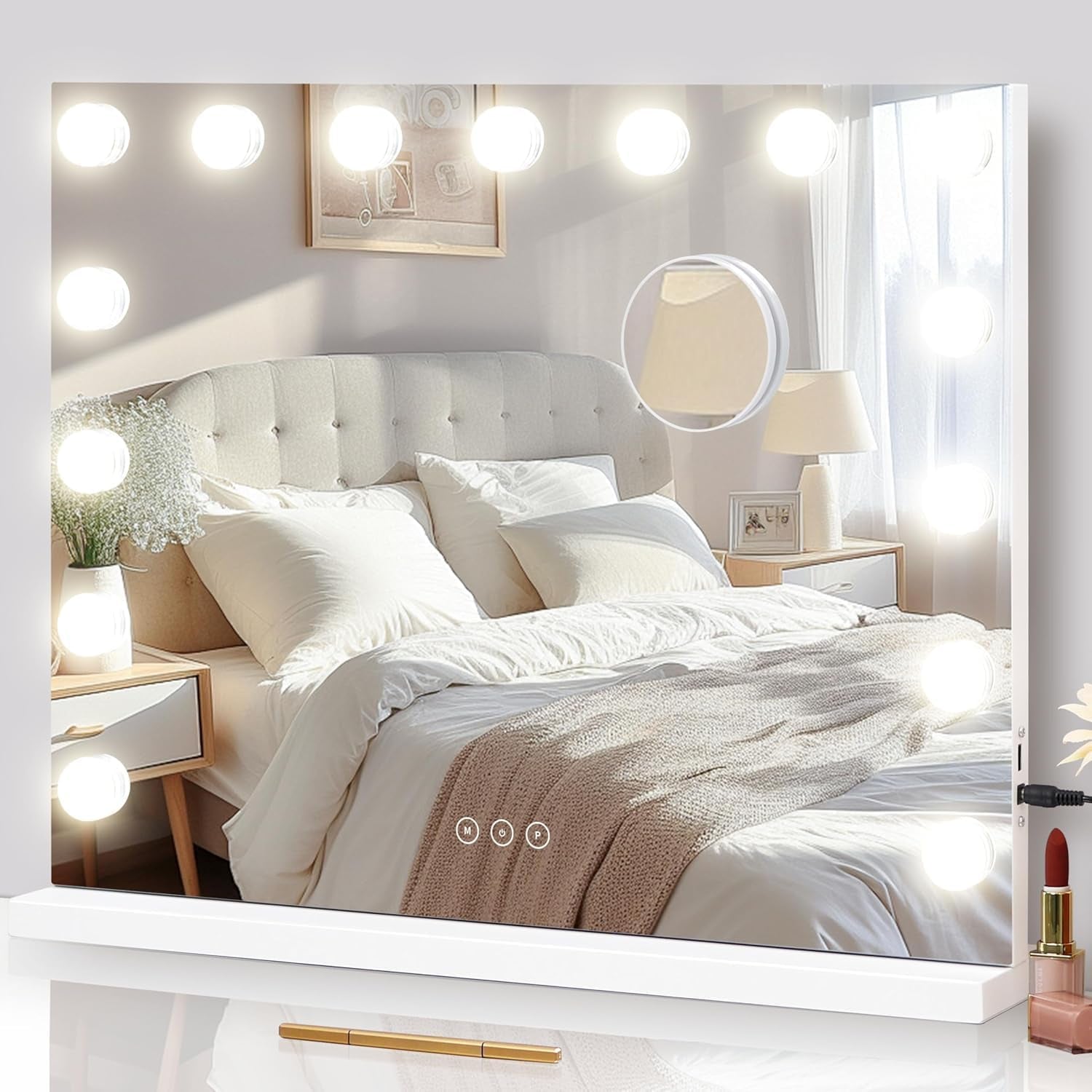 Vanity Mirror with Lights Lighted Makeup Mirror with 15 Dimmable LED Bulbs,3 Color Lighting Modes,Usb Charging Port Touch Control,Sturdy Metal Frame Design 22.8X18 Inch,White