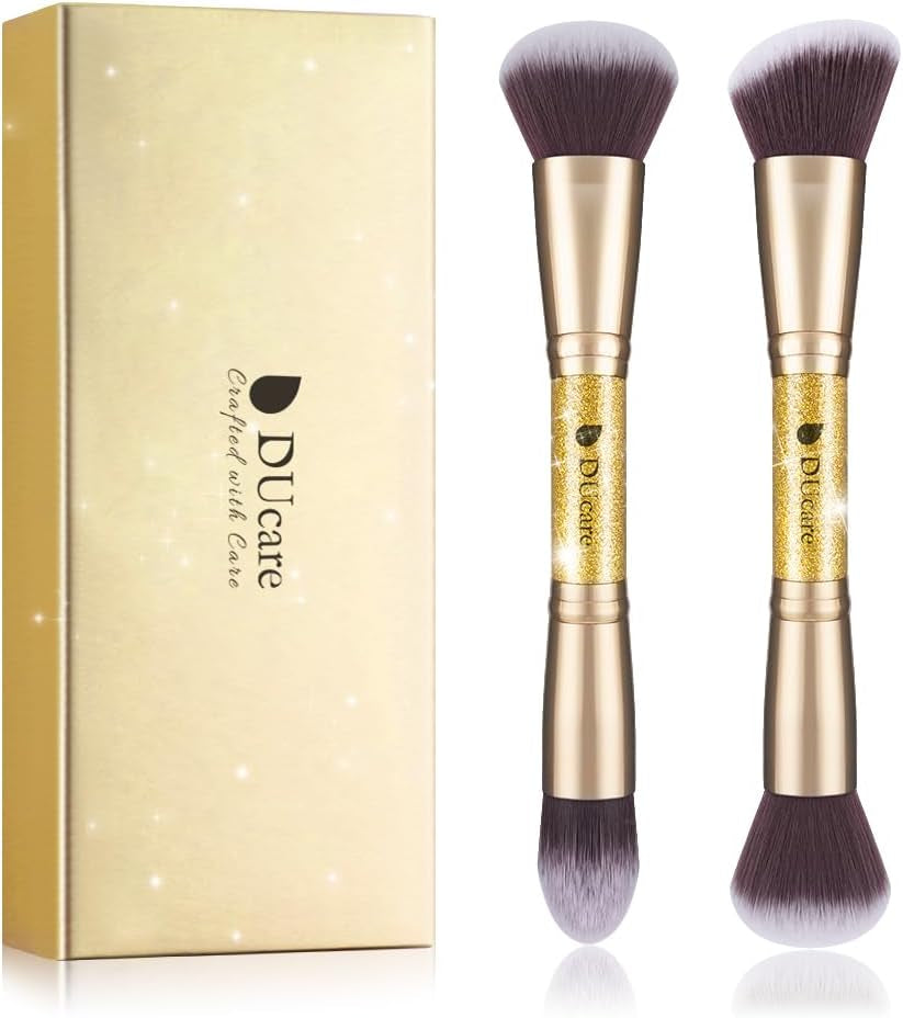Makeup Brushes Duo End Foundation Powder Buffer and Contour Synthetic Cosmetic Tools 2Pcs Gold