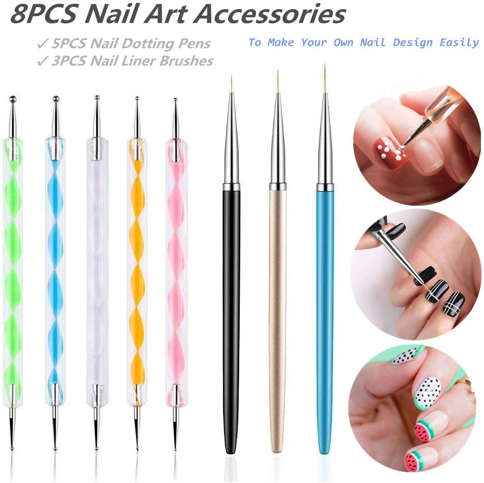 5PCS Dotting Pens with 3 PCS Nail Painting Brushes, Nail Art Design Tools