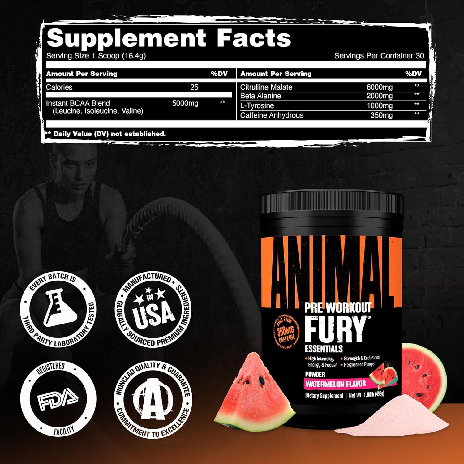 Fury Pre-Workout Energy Supplement with Amino Acids, Watermelon 30 Servings