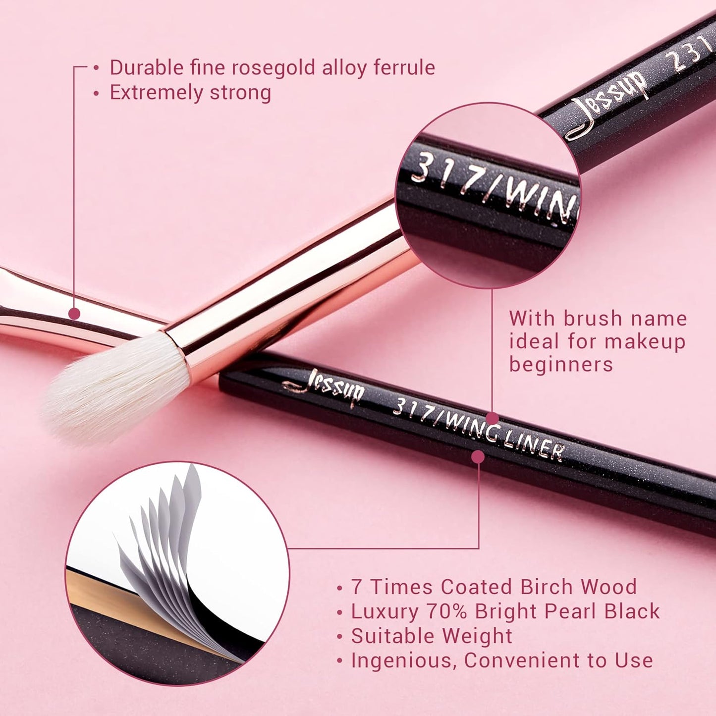 15Pcs Professional Makeup Brushes Set Make up Brush Tools Kit Cosmetics Tools Eye Liner Shader Wood Handle Natural-Synthetic Hair Brushes T157 (Pearl Black/Rose Gold)