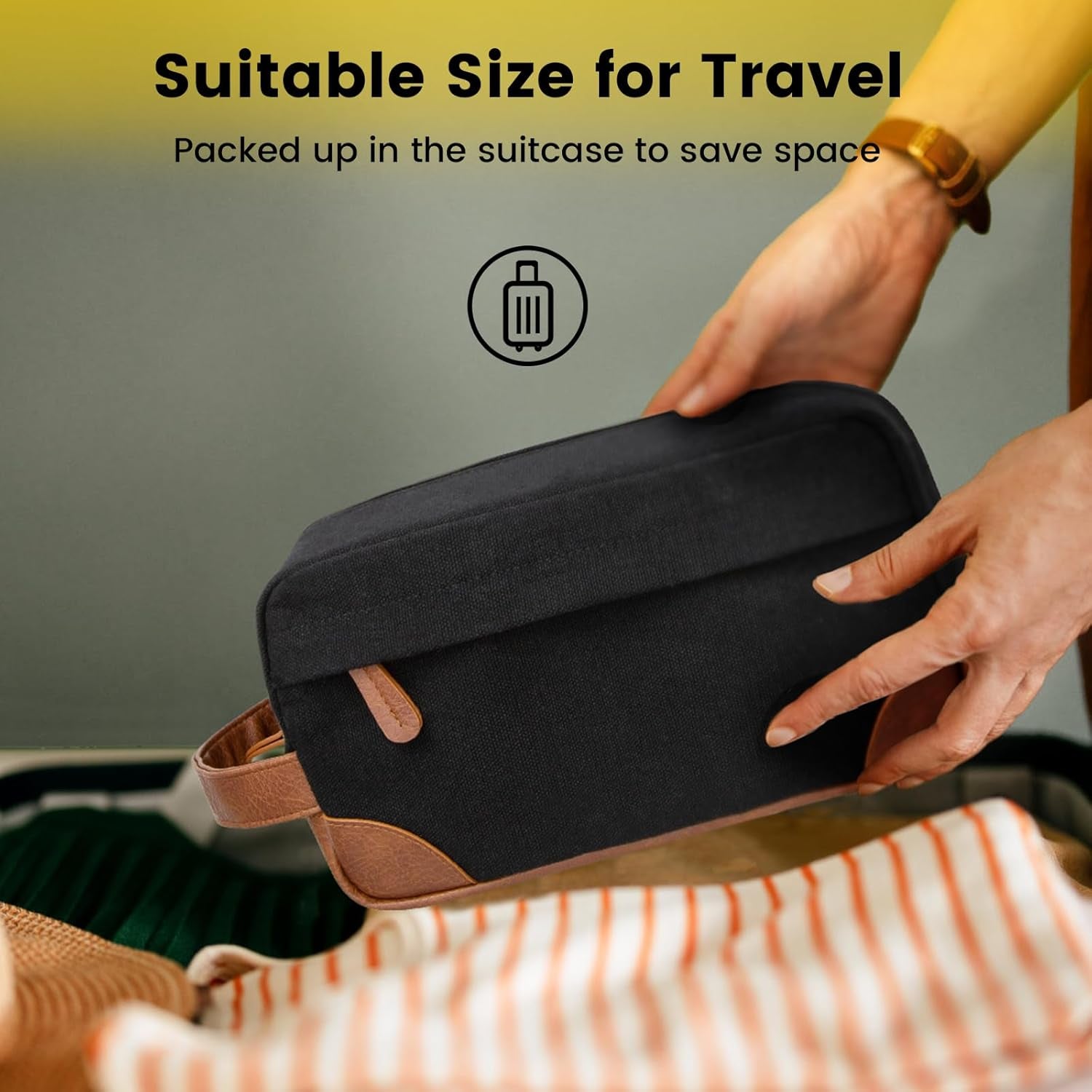Toiletry Bag Hanging Dopp Kit for Men Water Resistant Canvas Shaving Bag for Travel, Black, Medium