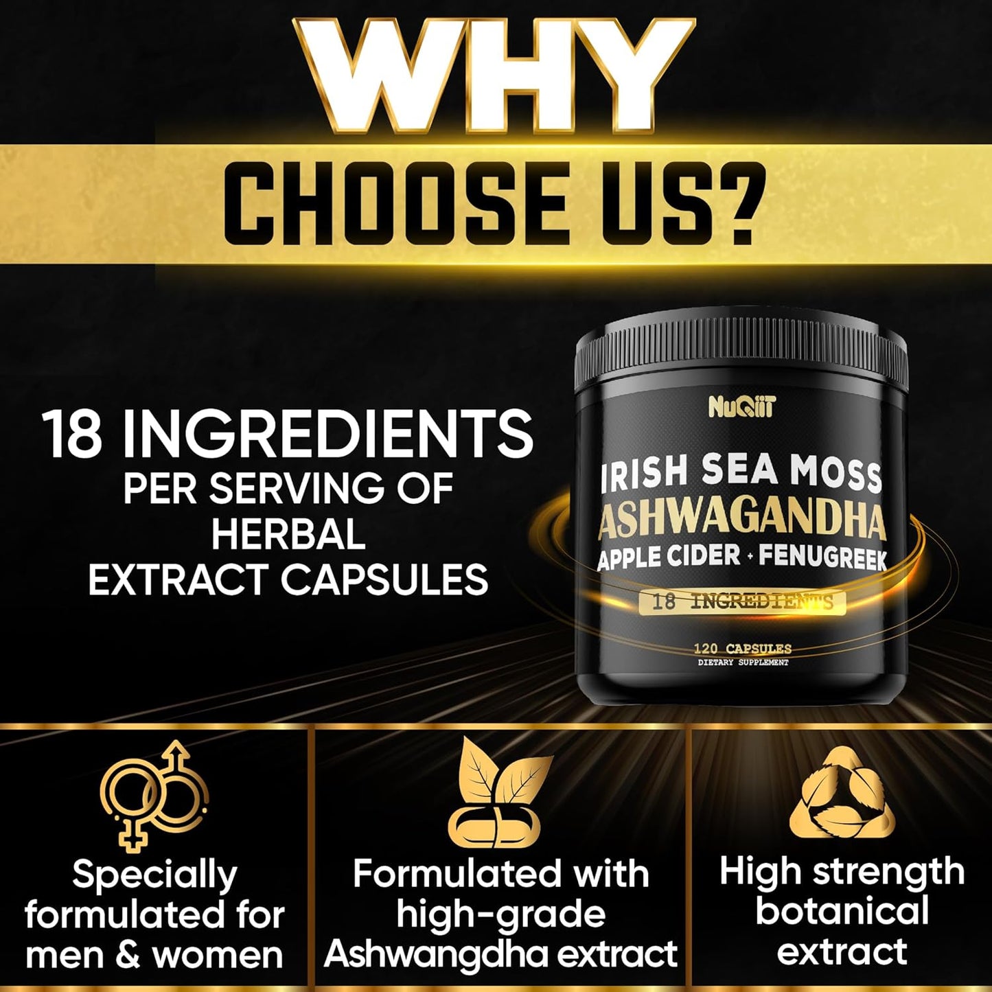 Organic Ashwagandha Capsules 15000Mg Irish Sea Moss 3000Mg Apple Cider Vinegar 3000Mg & More - Support Strength, Brain Health & Immune System - 120 Vegan Capsules