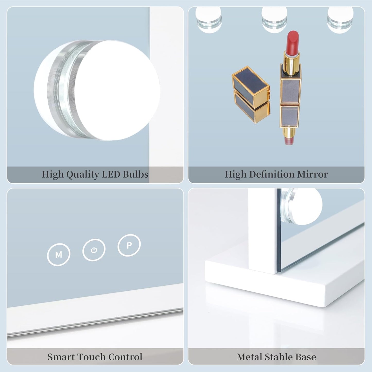 Vanity Mirror with Lights Lighted Makeup Mirror with 15 Dimmable LED Bulbs,3 Color Lighting Modes,Usb Charging Port Touch Control,Sturdy Metal Frame Design 22.8X18 Inch,White