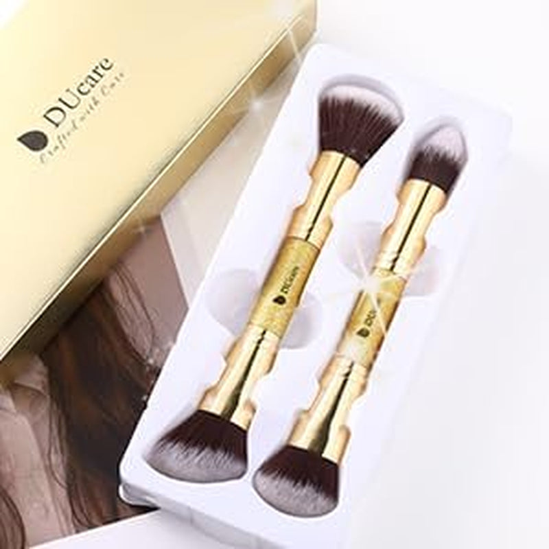 Makeup Brushes Duo End Foundation Powder Buffer and Contour Synthetic Cosmetic Tools 2Pcs Gold