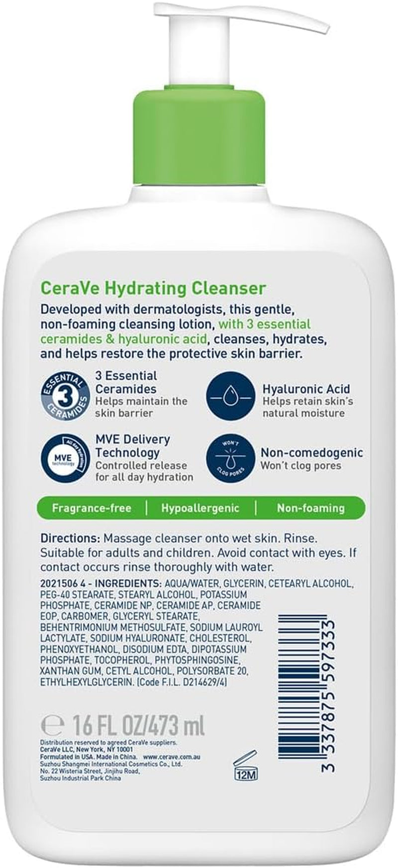 Hydrating Cleanser Face Wash for Normal to Dry Skin | Hyaluronic Acid + 3 Essential Ceramides | Cleanses and Hydrates without Disrupting Natural Skin Barrier of the Face and Body | 473Ml