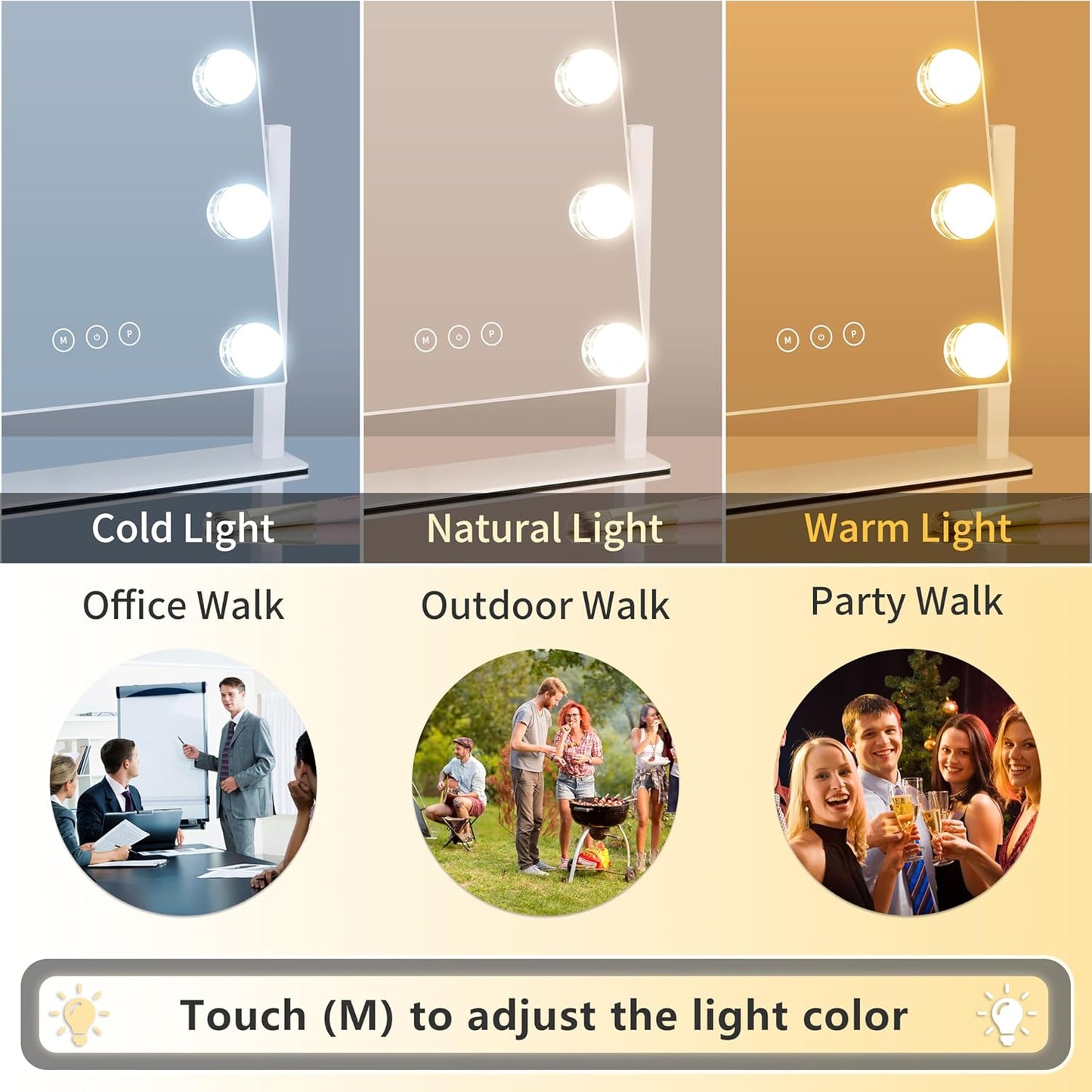 Vanity Mirror with Lights,Lighted Vanity Mirror with 9 Dimmable Bulbs for Dressing Room & Bedroom,3 Color Lighting,Modes Detachable 10X Magnification 360°Ratation(White)