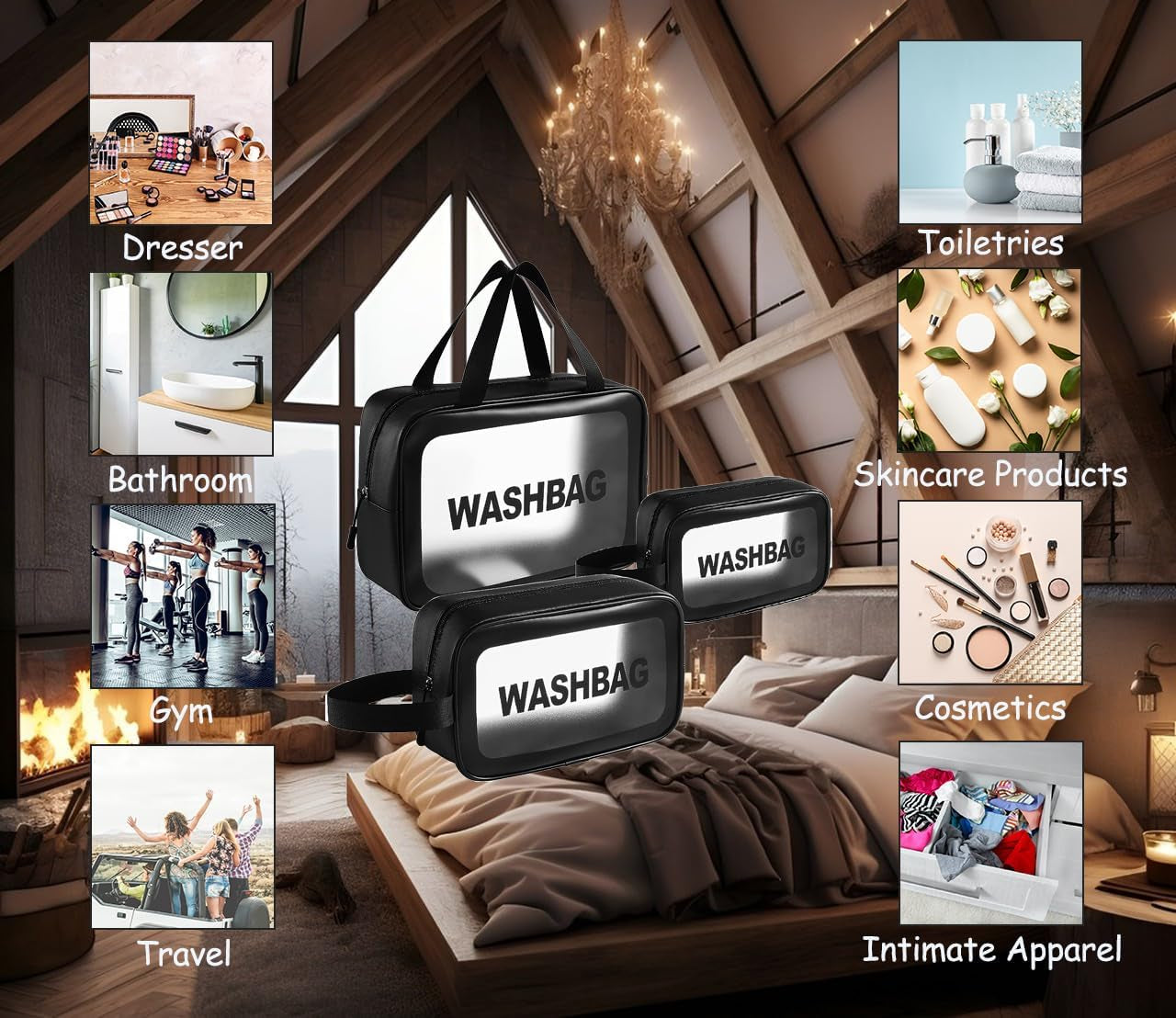 3 PCS Toiletry Bags Set - Waterproof Transparent Cosmetic Makeup Organizer for Men, Women - Large, Medium, Small Clear Bags for Toiletries, Cosmetics, and Travel Essentials (Black)