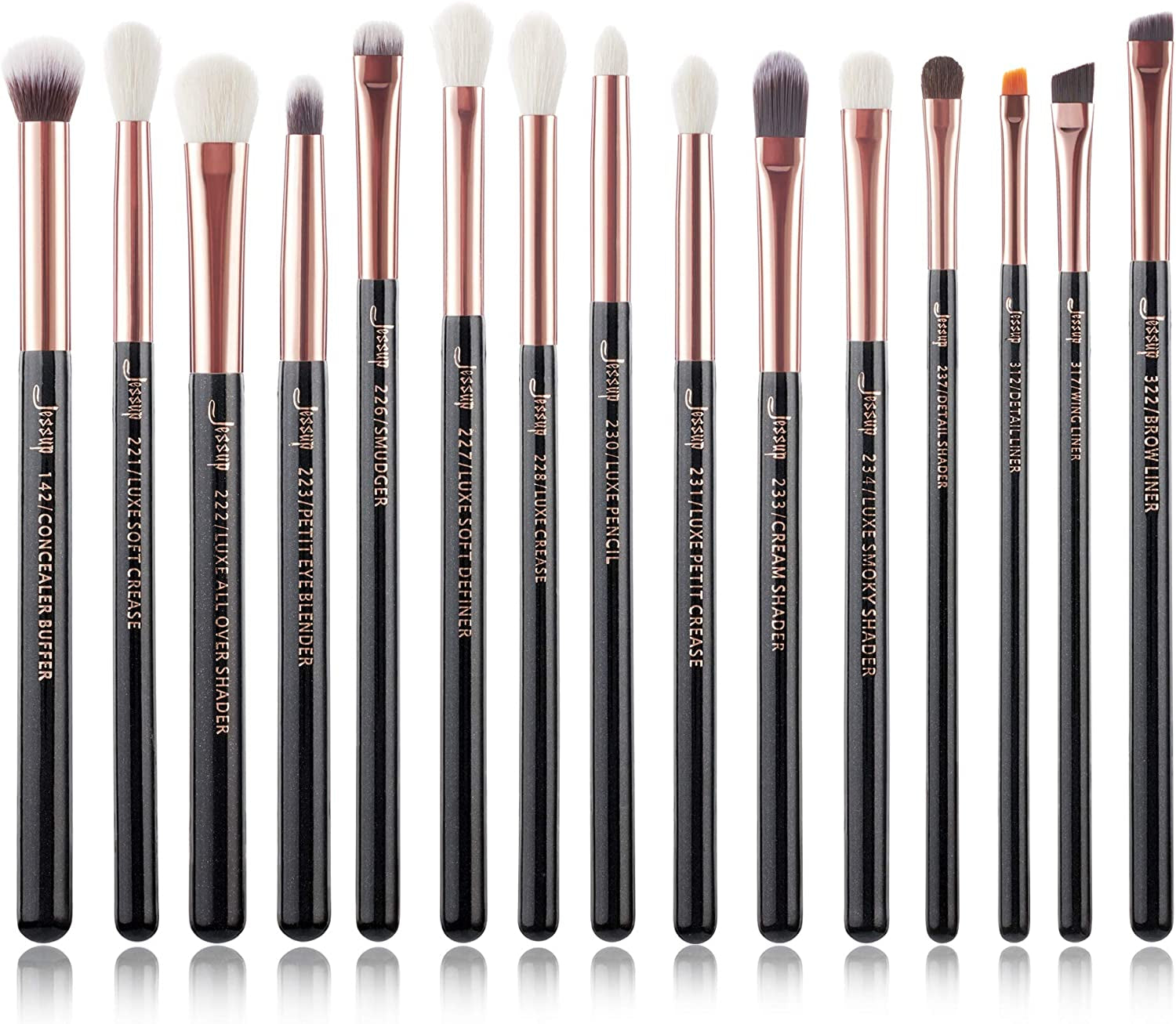 15Pcs Professional Makeup Brushes Set Make up Brush Tools Kit Cosmetics Tools Eye Liner Shader Wood Handle Natural-Synthetic Hair Brushes T157 (Pearl Black/Rose Gold)