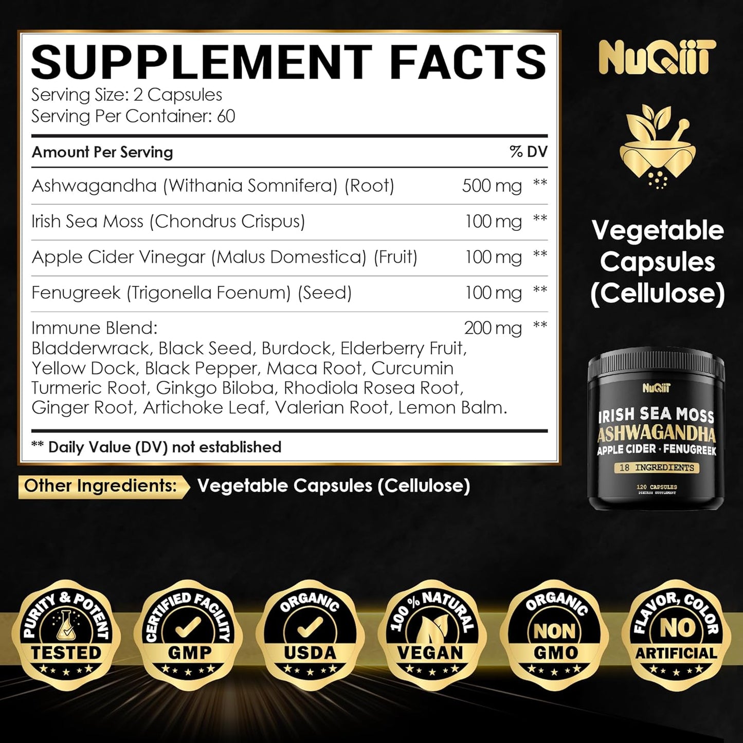 Organic Ashwagandha Capsules 15000Mg Irish Sea Moss 3000Mg Apple Cider Vinegar 3000Mg & More - Support Strength, Brain Health & Immune System - 120 Vegan Capsules
