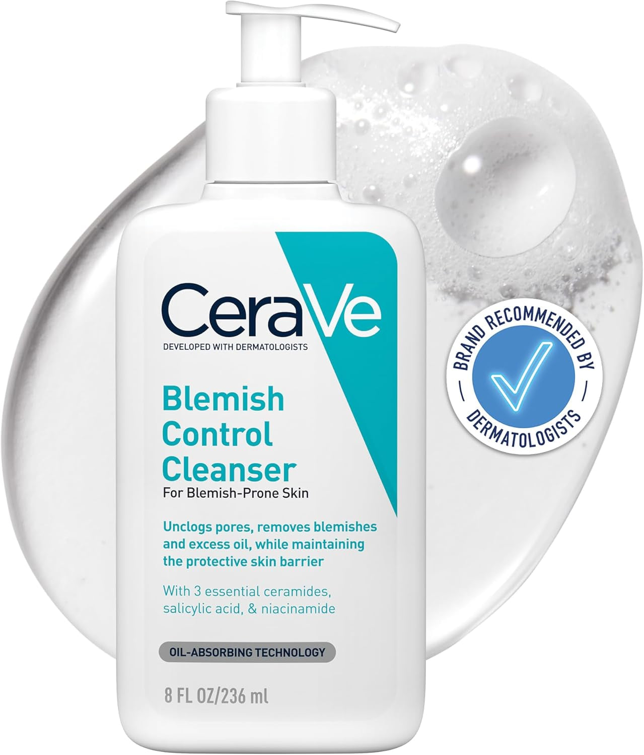 Blemish Control Cleanser Gel Face Wash for Blackheads, Blocked Pores & Acne-Prone Skin, 2% Salicylic Acid + Niacinamide + Purifying Clay + Ceramides, Lightweight + Oil-Absorbing, 236Ml